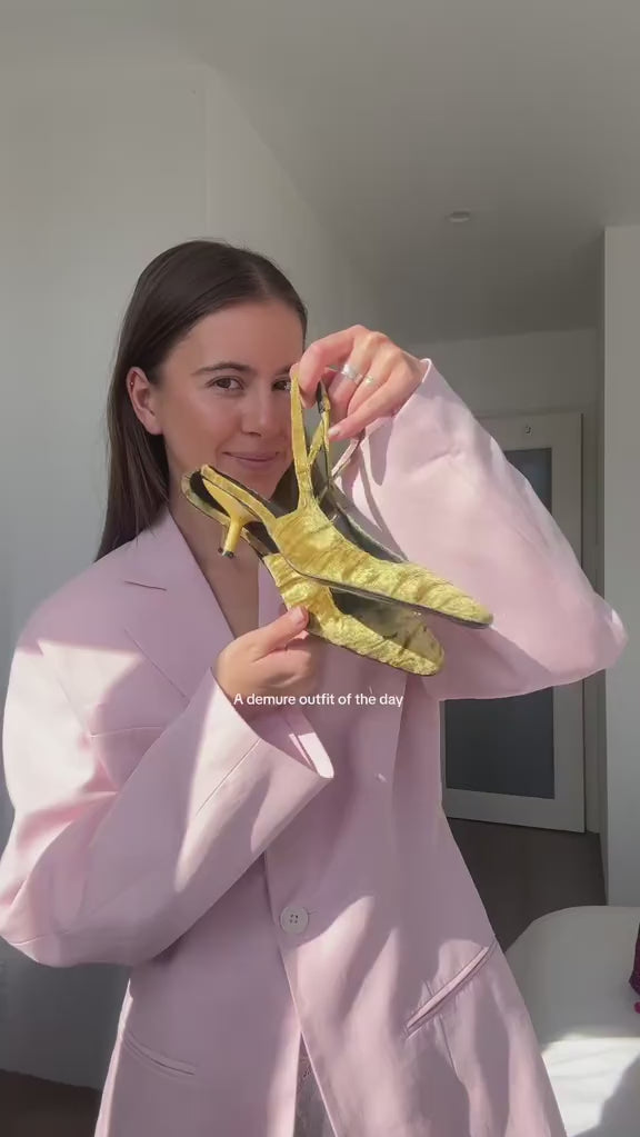 @Mattie Gouman styles the Cecilia pumps in chartreuse velvet. They’re back in limited numbers just in time for spring! 